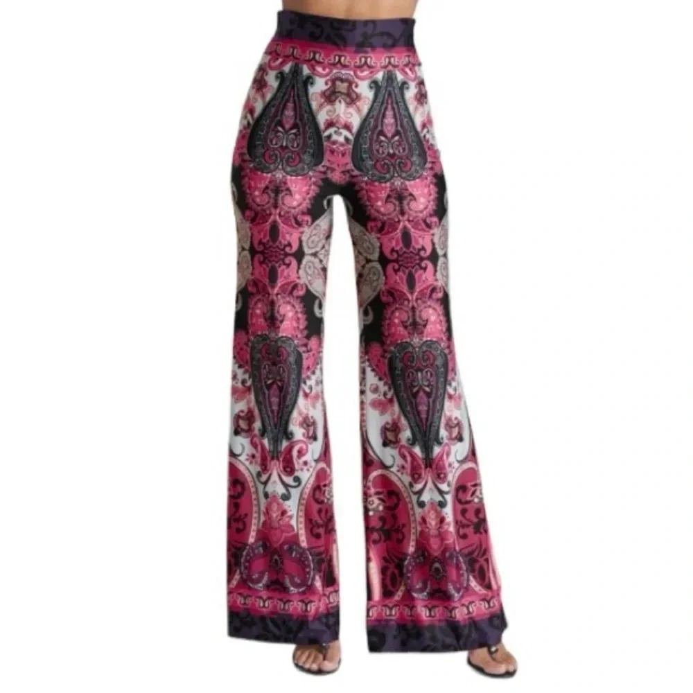 Venus Wide Leg Paisley Print Pant Stretchy Side zip Pink Multi Size XS Flowy